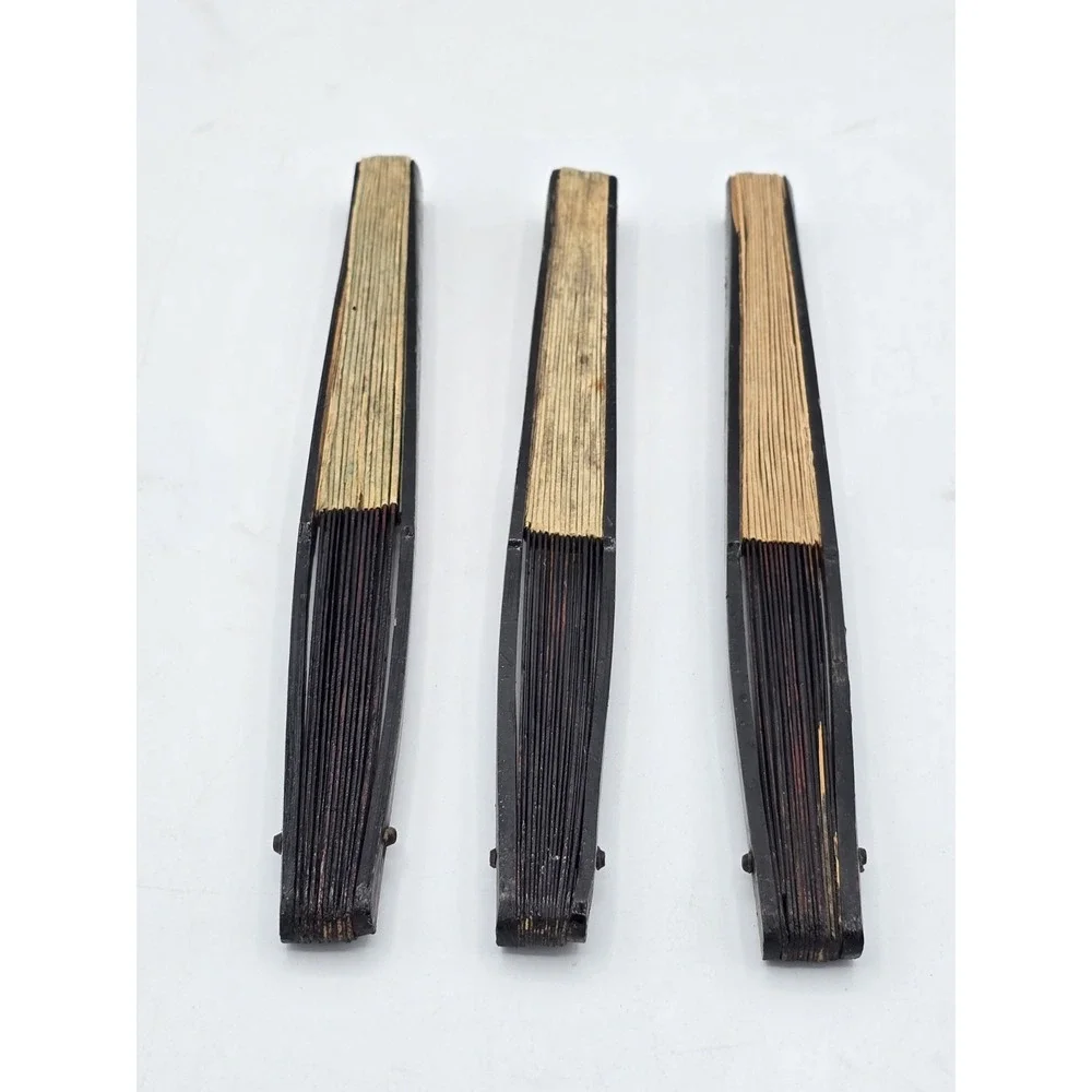 3 Lot Matching VTG Chinese Folding‎ Hand Fans Handmade Painted Rice/Bamboo Paper - Picture 13 of 16